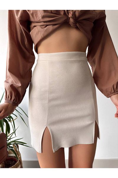 AtegeWear Trend Fusta din piele intoarsa cu fante duble