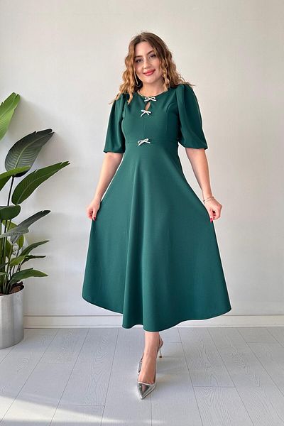 MaziButik Σμαραγδένιο Κρεπ Φόρεμα - Τρία Φιόγκοι