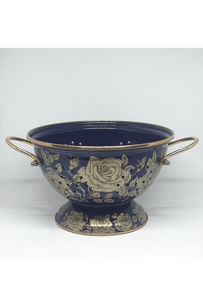 Avşar Enamel House 22 cm Dark Blue Rose Pattern Enamel Scrainer Fruit