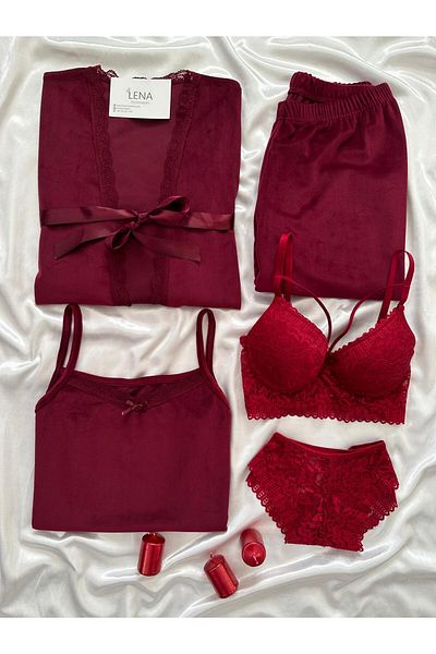 Lena Homewears Set pijamale de damă cu lenjerie de corp burgundy și halat de catifea