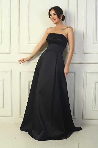 By Saygı Dámské dlouhé saténové večerní šaty s podšívkou a kapsami bez ramínek