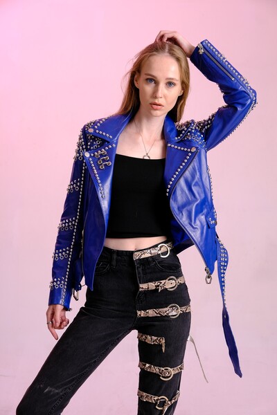 DIVALORE Strass Taşlı Red Rock Hakiki Deri Kadın Deri Ceket