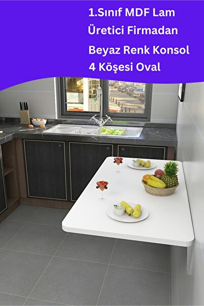Kydonia Home 60x90 cm Mdf Lam 4 Köşesi Oval Duvara Monte Kırma Katlanır Yemek...