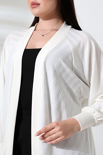 Şiir Lapaz Women's Soft Flexible Combed Cotton Bat Sleeve Relaxed Cut Cardigan & Hijab Cardigan - Ecru