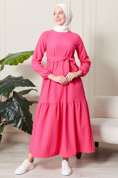 BRN Γυναικείο φούξια φόρεμα με ελαστικό λουράκι στη μέση 3126-1009