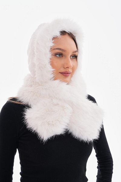 Luminos Butik White Plush Hat with Neck Tie and Scarf - Faux Byn04
