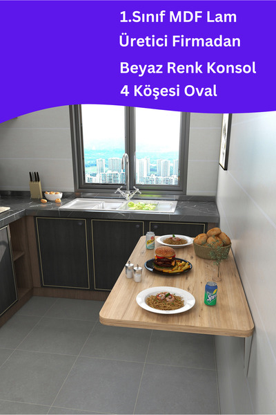 Kydonia Home 60x90 cm Mdf Lam 4 Köşesi Oval Duvara Monte Kırma Katlanır Yemek Mutfak Masası