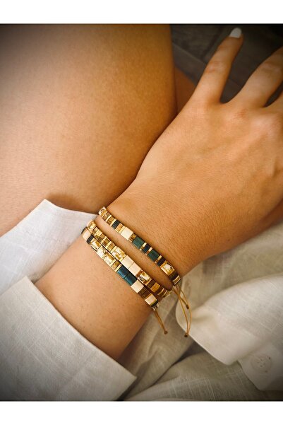 Natuur Collection Mavi Kırçıllı Beyaz Altın Bakır Krem El Yapımı Bileklik Miy...