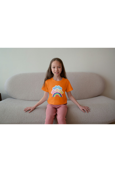 Kız Çocuk %100 Pamuk Premium Gökkuşağı Baskılı Kısa kol Tshirt