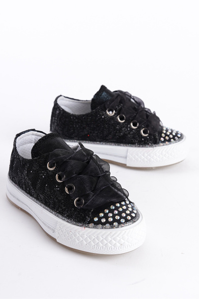 Pabrik Yeni Sezon Taşlı Bağcıklı Siyah Kız Çocuk Ayakkabı, Kız Çocuk Ortopedik Günlük Ayakkabı