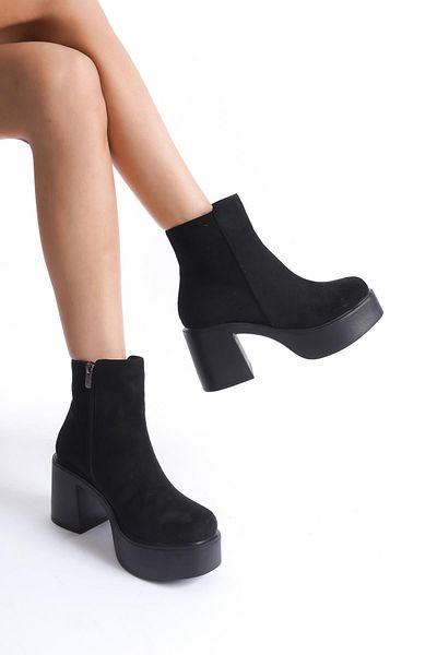 Modabuymus Μπότες με τακούνι Hancez Black Suede με ψηλό πάχος πλατφόρμας