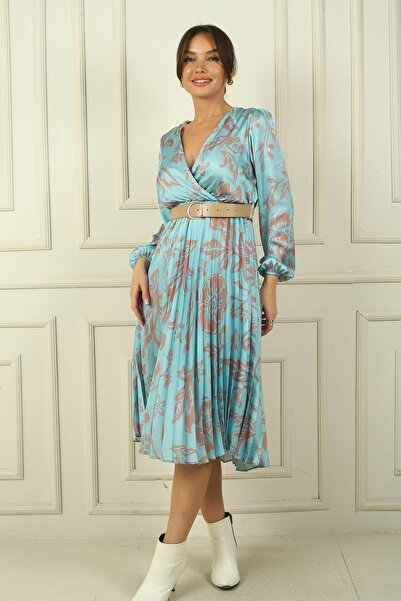 By Saygı Dámske kvetinové skladané saténové šaty s dvojitým golierom v páse s podšívkou