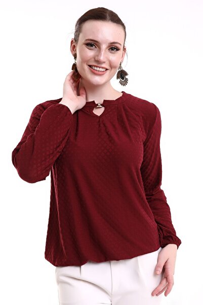 Şiir Kadoma Γυναικεία μπορντό πλισέ αξεσουάρ γιακά με πλεκτό ζακάρ χτενισμένη βαμβακερή μακρυμάνικη μπλούζα & μπλούζα Hijab