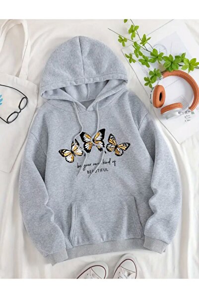 caddekombin Βαμβακερό φούτερ με 3 σχέδια πεταλούδας και 2 κλωστές με κουκούλα