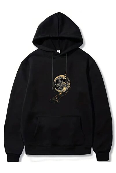 caddekombin World Patterned Hooded Pocketed Legend Pattern 2 Thread Ribbed Sweatshirt