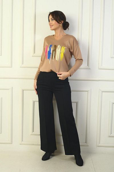 By Saygı Women's Elastic Waist Side Pocket Striped Wide Leg Steel Trousers