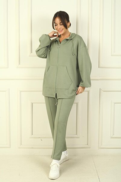 By Saygı Női elülső cipzáras kapucnis kenguru zsebes kabát elasztikus derék nadrág zsebekkel, kényelmes szabású szavazás