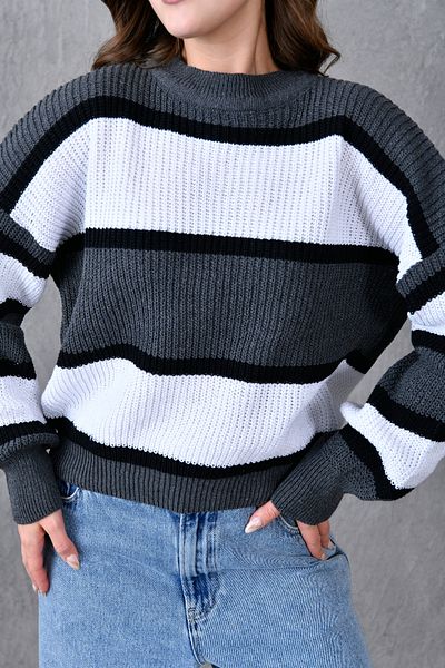 vuvutasarım Gray Striped Knitwear Hijab Sweater - Low Long Sleeve, Crew Neck 6500