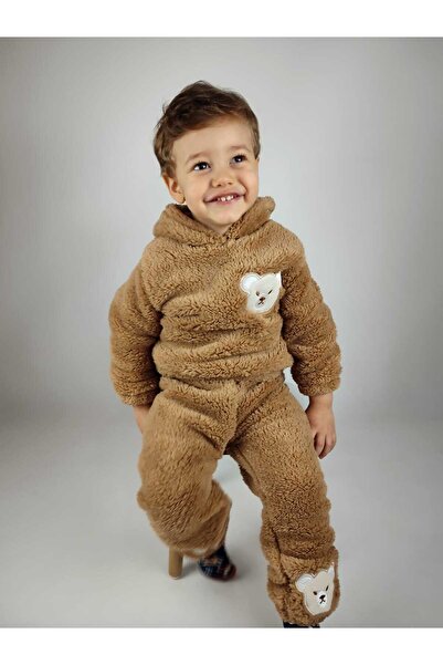 Ayıcık Nakış Detaylı Kapüşonlu Peluş Welsoft Kız Erkek Unisex Çocuk 2'li Eşofman Takımı