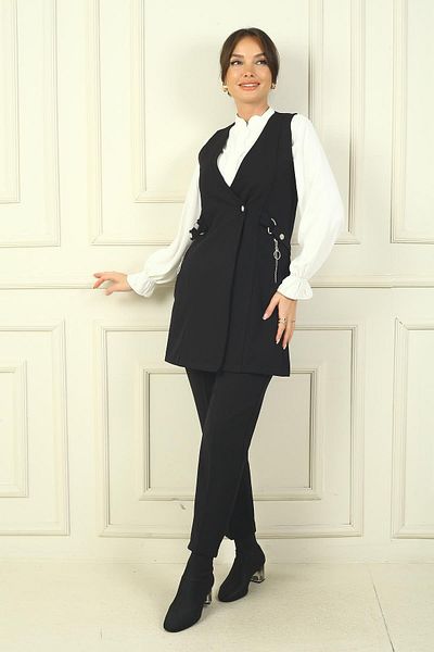 By Saygı Women's Chiffon Shirt and Elastic Waist Pants 3-Piece Set - Single Pockets, Zippered Long Vest