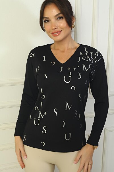 By Saygı Γυναικείο πλεκτό πουλόβερ με λαιμόκοψη V στο μπροστινό μέρος με στάμπα με γράμματα και σχισμές στα πλαϊνά