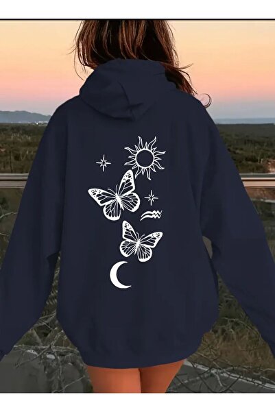 caddekombin Sun Butterfly Moon Printed Hooded Pocket 2 Thread Raised Wool Inside Sweatshirt