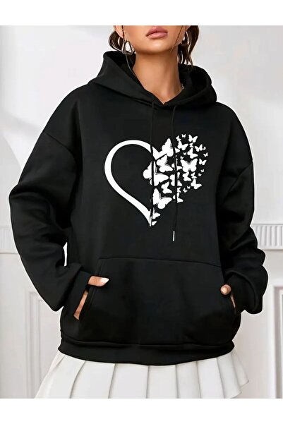 caddekombin Half Heart Butterfly 2 Thread Ribbed Hooded Pocket Wool Inside Sweatshirt