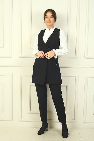 By Saygı Women's Chiffon Shirt and Elastic Waist Pants 3-Piece Set - Single Pockets, Zippered Long Vest