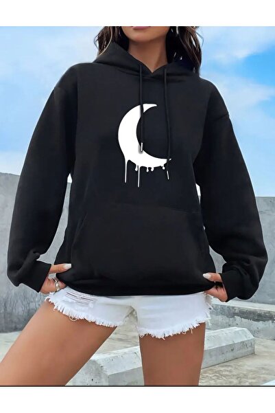 caddekombin Moon Printed 2 Thread Ribbed Hooded Pocket Comfortable Fit Sweatshirt