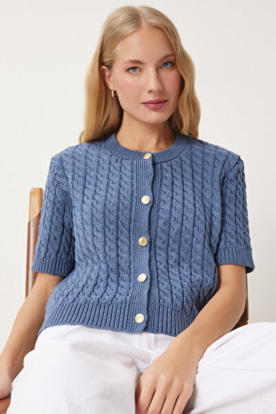 Lovelyİstanbul Crew Neck Hair Braided Knitwear Cardigan Indigo Blue Lus0047