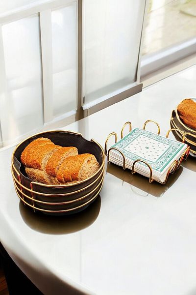 CocoVia Set of 2 Dowry - Stainless Gold Round Bread Holder and Napkin Holder Metal