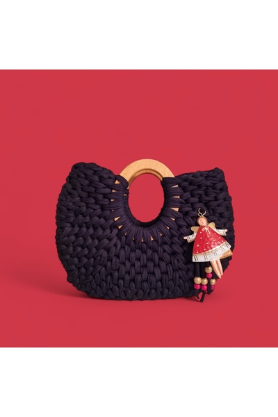 Lotus El Örgüsü Çanta Siyah Çantası Melek Süslemeli Çanta Ahşap Sap