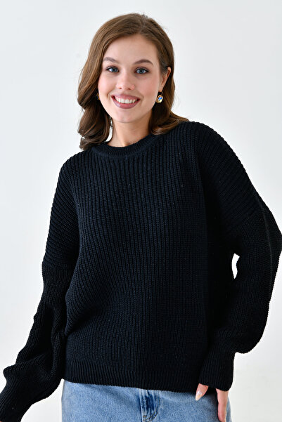 bayansepeti Pulover de tricotat negru pentru femei, cu mâneci lungi, cu gât rotund, supradimensionat Fit 1400