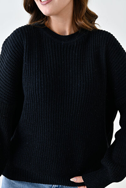 bayansepeti Pulover de tricotat negru pentru femei, cu mâneci lungi, cu gât rotund, supradimensionat Fit 1400