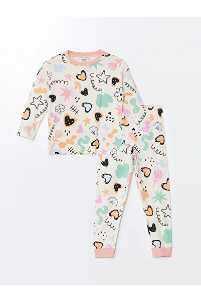 LC Waikiki Ecru Crew Neck Printed Long Sleeve Girls' Pajamas Set