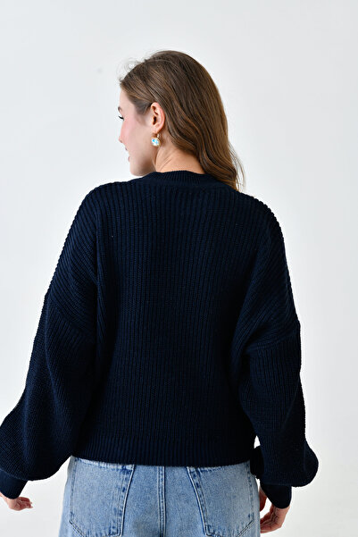 bayansepeti Жіночий светр з низькими плечима, довгими рукавами, велосипедним коміром, оверсайз кроєм, темно-синій трикотаж, 1400