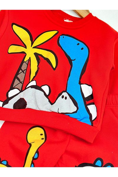Ege Bebek 1-4 Years Old Boy's Personality Set - Dinosaur Printed, Raised, 3 Rope Bottom-Top Set