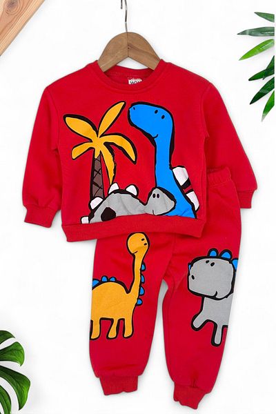 Ege Bebek 1-4 Years Old Boy's Personality Set - Dinosaur Printed, Raised, 3 Rope Bottom-Top Set