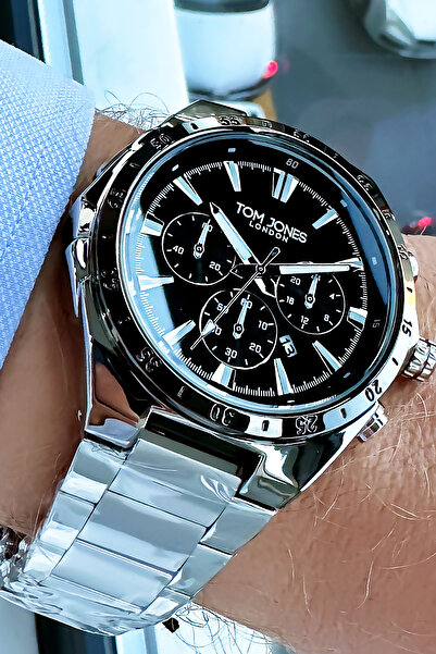 Tom Jones ساعة يد رجالية أصلية مقاومة للماء باللون الفضي وسوار فولاذي هدية GTJE2098C2