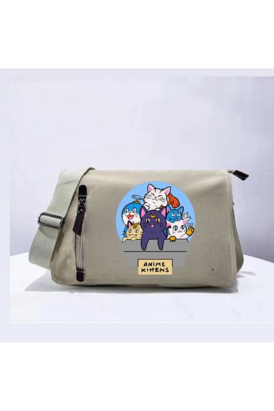 Touz Moda Anime Cats Printed Unisex Beige Messenger Bag