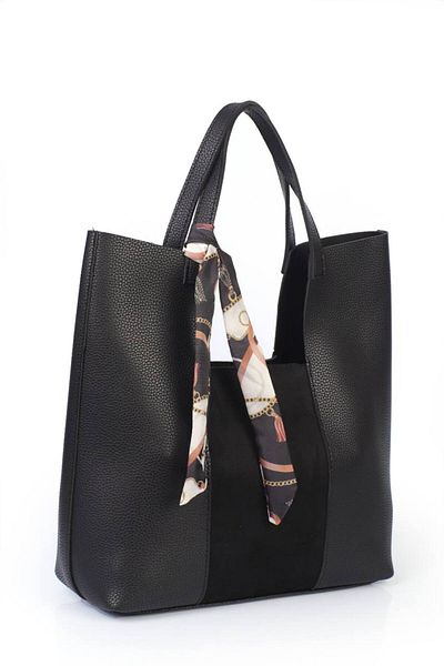 ARTON Black Scarf Suede Pieced Puppy Large Size Handbag and Shoulder Bag with Snap Closure Strap