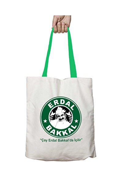 ART HEDİYE Green Handled Erdal Bakkal Tea Washable Shoulder Bag