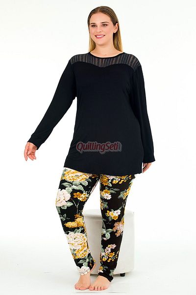 quilling Black Color, Floral Print Lady 11391 Women's Long Sleeve Plus Size Mother Pajamas Set