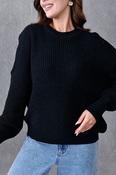 WOMAN VISION Pulover pentru femei, cu umăr dezactivat, cu mânecă largă, cu decolteu, cu mânecă lungă, supradimensionat, tricotaj negru 1400