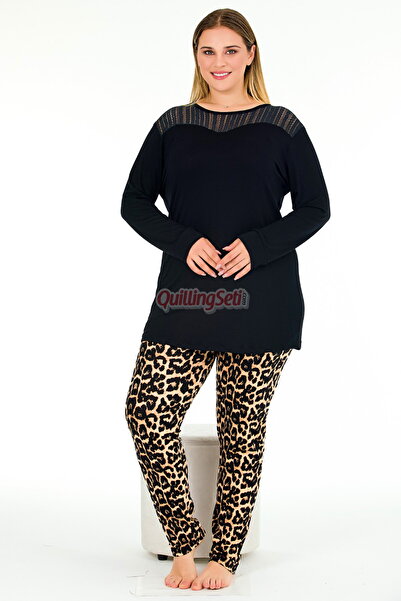 quilling Black Color, Leopard Patterned Lady 11387 Women's Long Sleeve Plus Size Mother Pajama Set