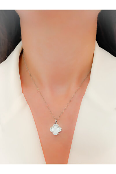 Trinos Çelik Kolye Sedefli Çift Uçlu Marka Model Yonca Kolye