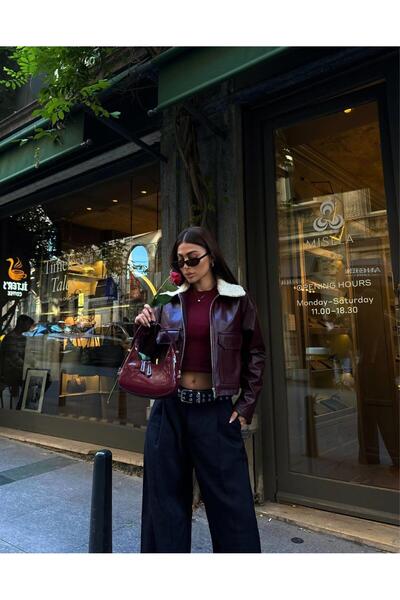 conconmoda Yaka Peluş Detay Deri Ceket