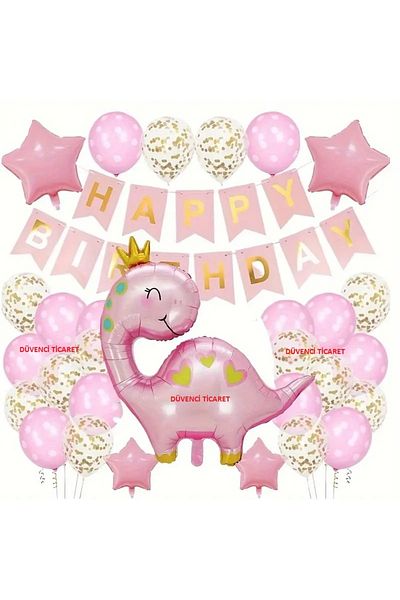 DÜVENCİ TİCARET Pink Crowned Dinosaur Foiled Ballon Set