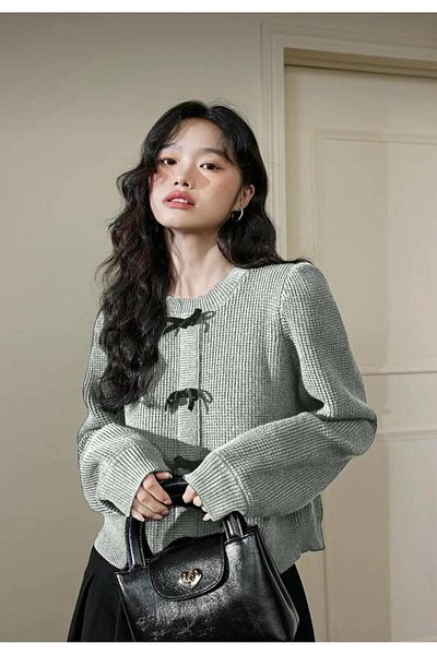 Foxstep Women's Anthracite Crew Neck Knitwear Bow Detailed Sweater, Ribbon Sweater