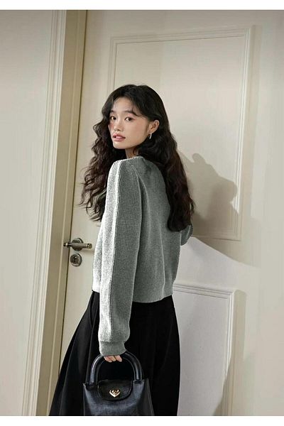 Foxstep Women's Anthracite Crew Neck Knitwear Bow Detailed Sweater, Ribbon Sweater